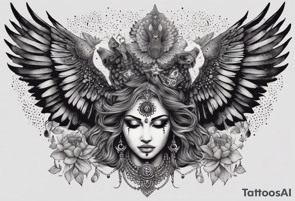 black kali, goddess pirate, alien, angel, pachamama, valkrye, warrior, flying, skull, lotus azul, wing, eagle, zenza resonance, stars, 5D, anahata chakra, death, durga, riding on a tiger, flying lady, kundalini, chest tatoo, samuri, rebel,serpent tattoo idea