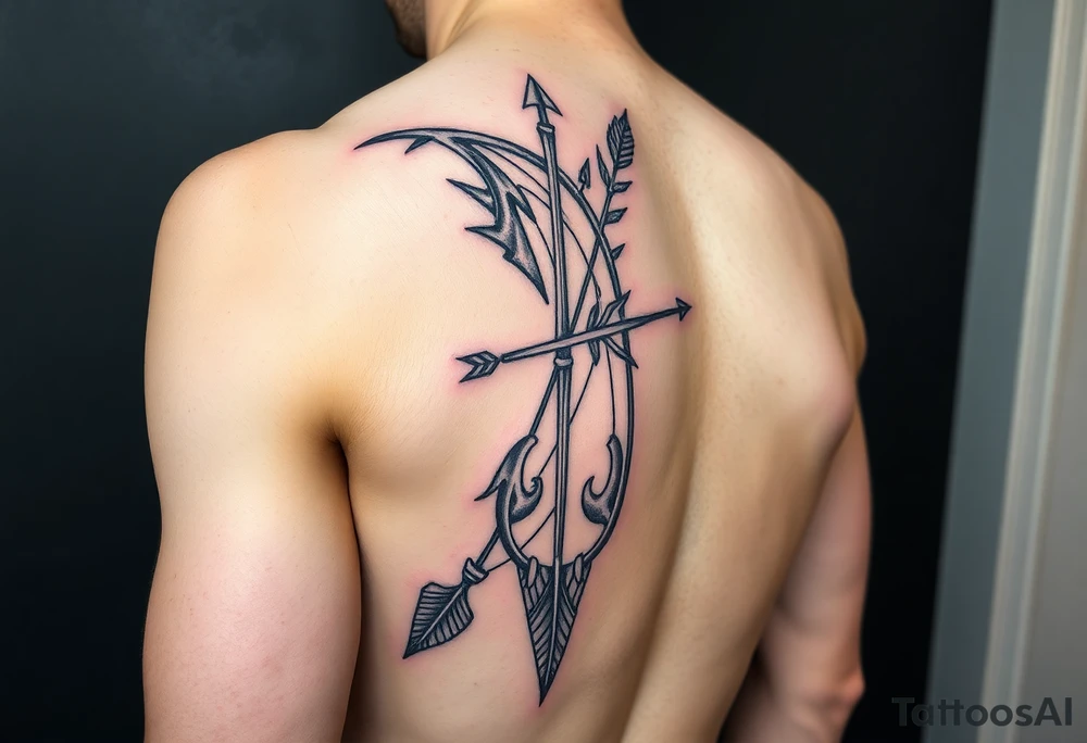 Large bow and arrow on whole arm tattoo idea