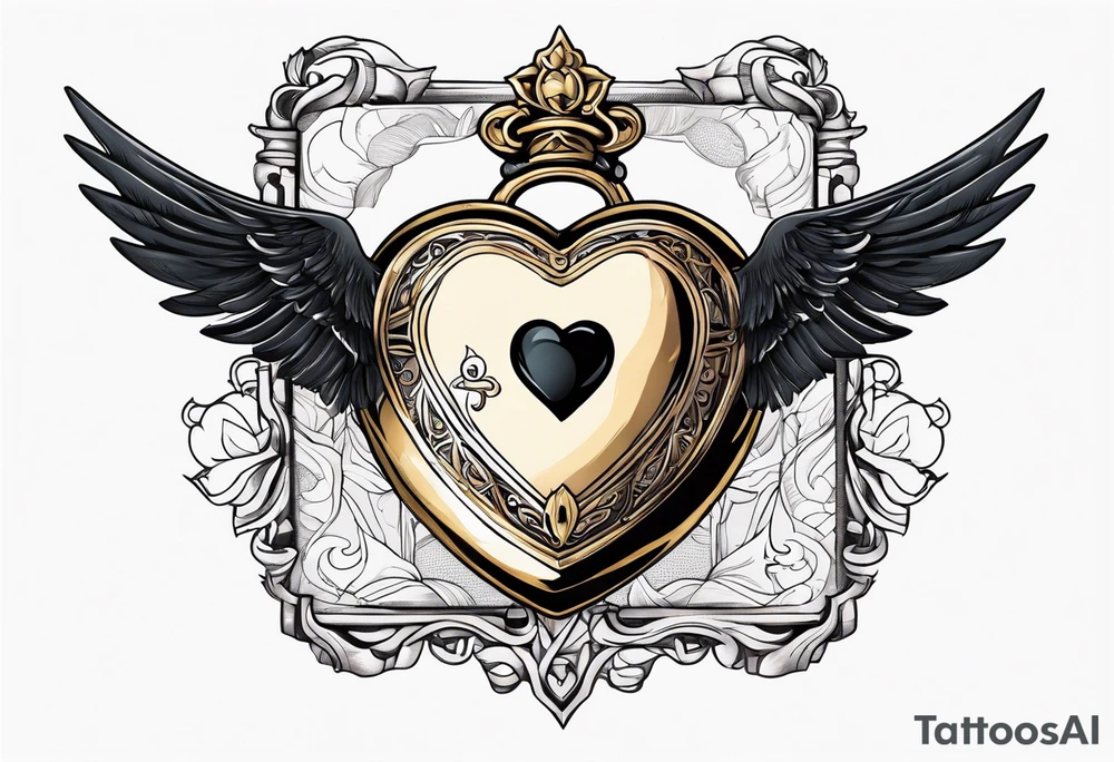 heart locket with black bird flying away with key tattoo idea