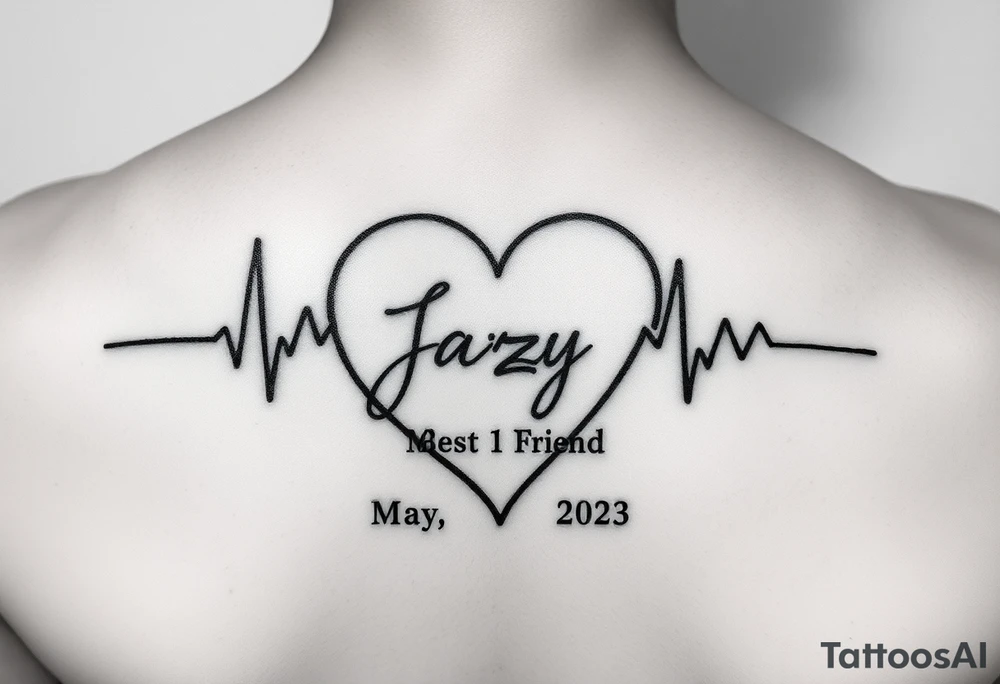 faded heart beat outline for a deceased best friend with the name Jazy and the date May 4, 2023 incorporated tattoo idea