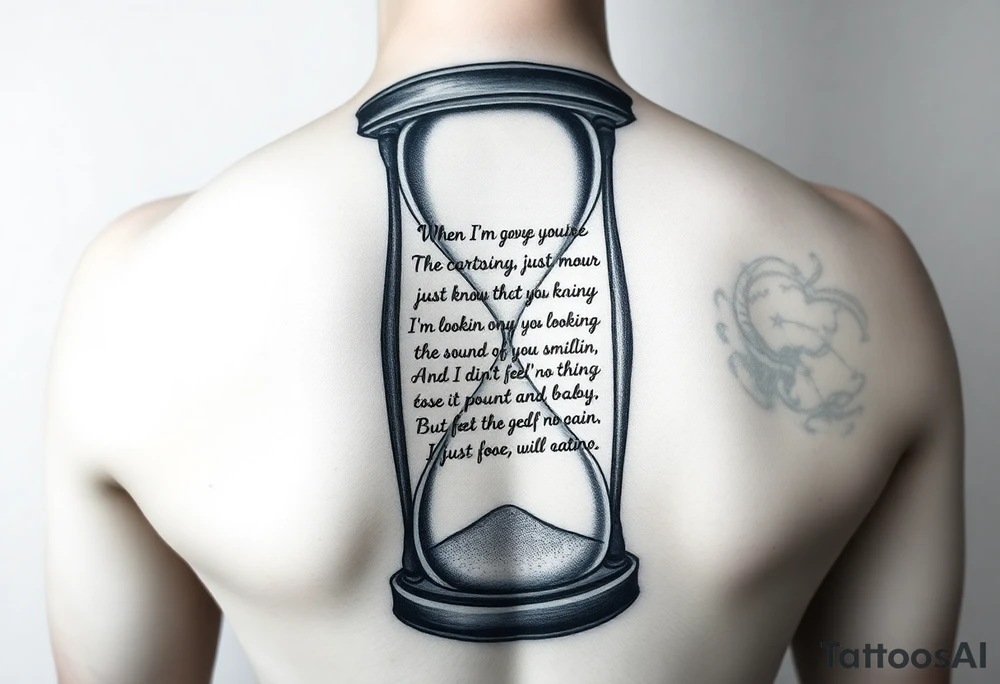You are a renowned tattoo artist, known for your ability to create unique and meaningful designs. Your client wants a tattoo that symbolizes the passage of time and incorporates a personal text. The idea is to shape the text in the form of an hourglass, as if the words themselves are flowing like sand through the hourglass. Here is the text to be used:

“When I'm gone just carry on, don't mourn
Rejoice every time you hear the sound of my voice
Just know that I’m lookin’ down on you smilin
And I didn’t feel a thing so baby don’t feel no pain, just smile back!
It's something unpredictable
But in the end, it's right
I hope you had the time of your life” tattoo idea