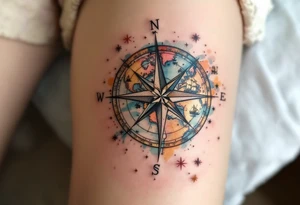 antique compass rose overlaid on weathered world map with sailing ships tattoo idea