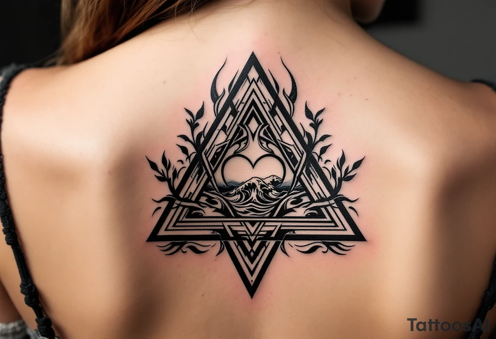 A triangle with a big heart in the center with an ocean theme tattoo idea