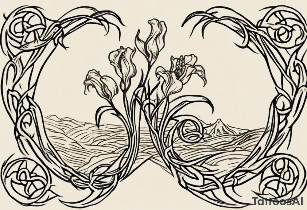 Create a small Vincent van Gogh Irises tattoo with Celtic knots. The tattoo should take the form of a crescent, with vines gracefully intertwining at a central point in the middle of the wreath. Ensure that the design avoids the appearance of a bush and maintains a more structured and deliberate arrangement. The intended placement is on the upper chest. The overall design should be small in size while maintaining a delicate and artistic aesthetic. Pay attention to the graceful flow of the vines and the placement of the irises to achieve a refined and elegant look. tattoo idea