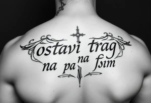 Make an arm tattoos with and or representing the words ostavi trag na putu svom tattoo idea