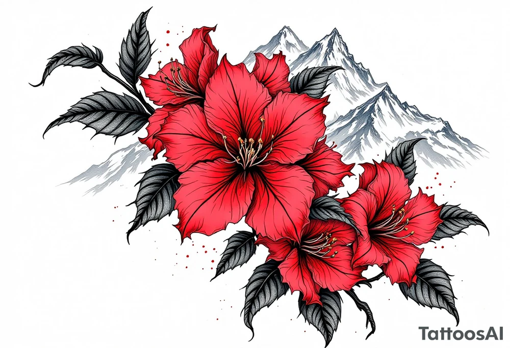 vertical wrist size red  and black rhododendron trippy with Himalayas behind tattoo idea