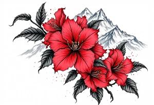 vertical wrist size red  and black rhododendron trippy with Himalayas behind tattoo idea