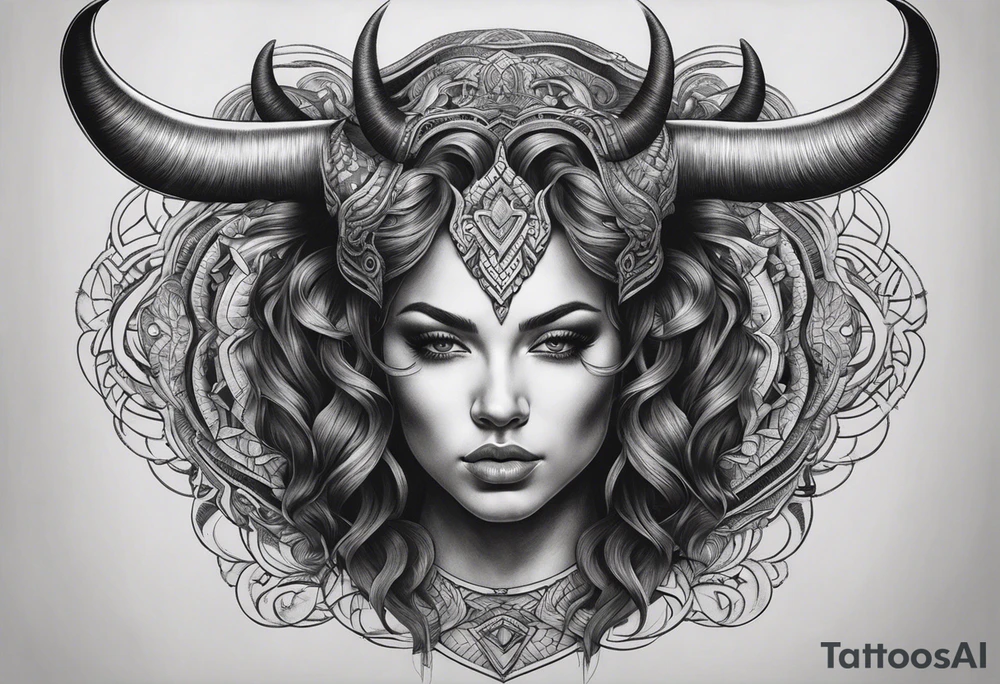symmetrical woman head with curved horns facing downwards dark realism looking front facing view, ultra-detailed, high quality, high sharpness, hyper-realism, hyper-details, hyper-photorealistic, hyper-realistic tattoo idea