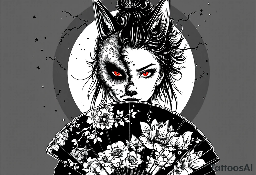 Woman samurai with red eyes wearing an half and broken kitsune mask, holding a japanese fan with Belamcada flowers tattoo idea