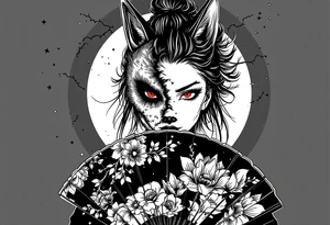 Woman samurai with red eyes wearing an half and broken kitsune mask, holding a japanese fan with Belamcada flowers tattoo idea