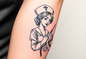 Nurse with nurse hat and a needle in an elaborate vintage cameo tattoo idea