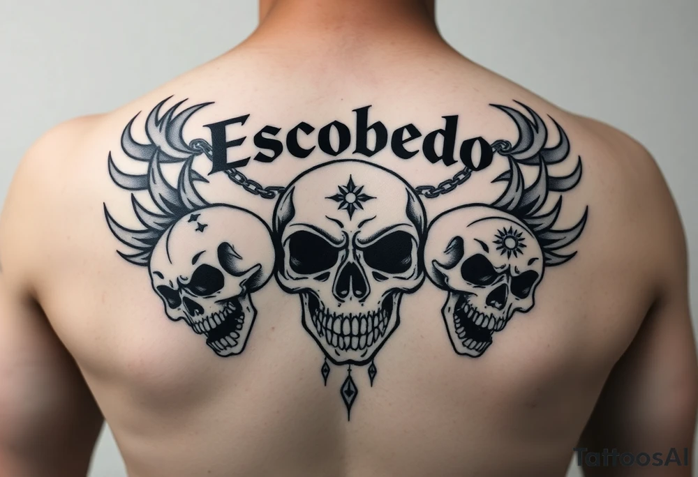 Upper back tattoo in stark emo-punk linework. ‘Escobedo’ carved bold and clean across the shoulders. Black flame arcs rise behind it like wings—sharp, negative space-driven. Between the flames, loose chains drape with motion. Three skulls: cracked on the left, snarling in the center, screaming on the right. Each skull etched with fine Aztec-inspired marks—sunbursts, dots, and sacred lines. No color. No shading. Just fire, bone, and steel inked in symmetry. tattoo idea
