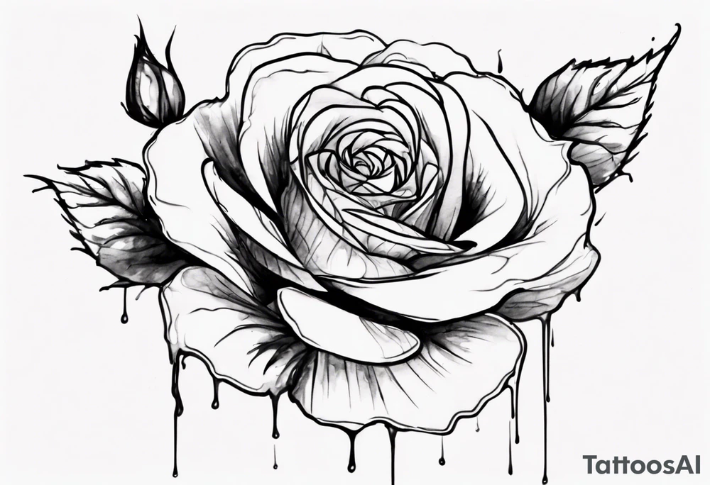rose flower, one line, red blood dripping from the flower, tall, watercolor tattoo idea
