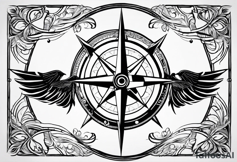 Simple compass with three black birds flying by north tattoo idea