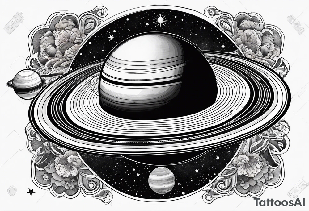 Saturn on a dense large black background with its satellites and stars tattoo idea