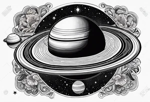 Saturn on a dense large black background with its satellites and stars tattoo idea