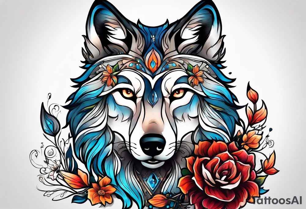 Wolf céleste, flower tattoo idea