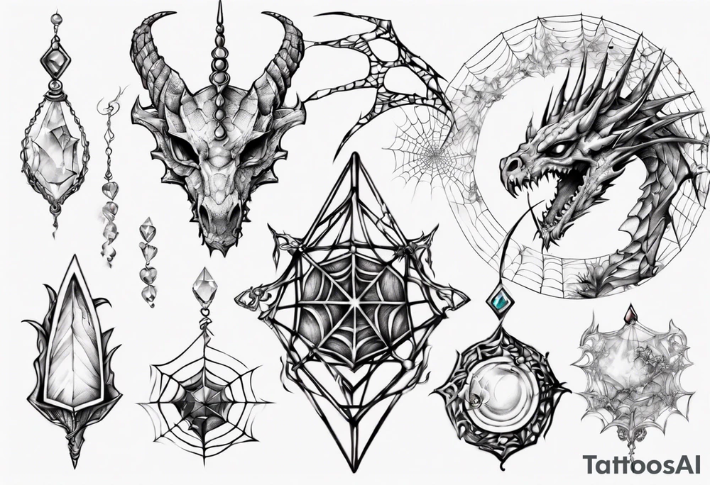 Dragon spiral spiderweb shattered chalices jewels, unicorn horn and a spider tattoo idea