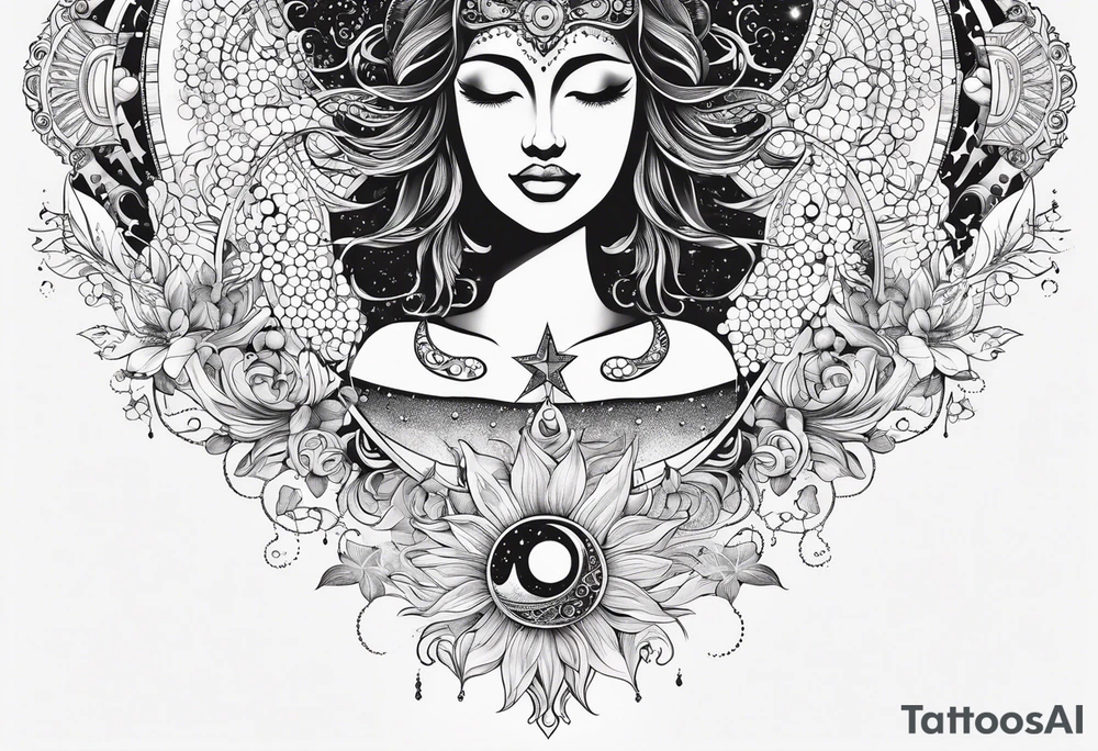 Feminine Sun and moon. long rectangular sternum swirls with dots and stars tattoo idea