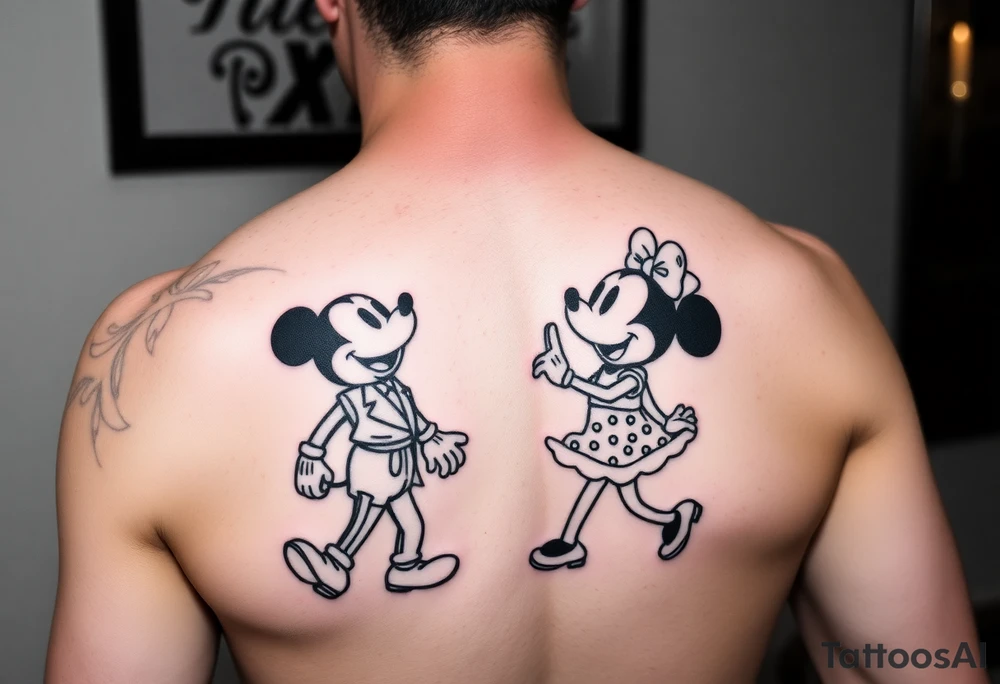 motiv: michael jackson, mickey und minnie mouse
pose: moonwalk
stil: realistic tattoo idea