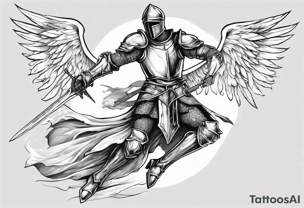 A Winged Paladin Knight in mid-air with his sword about to attack. tattoo idea