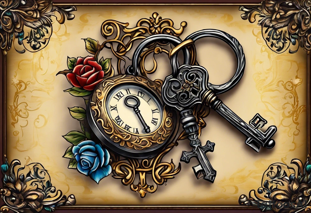 couple tattoos of an old antique key and locket set. locket on her. the key is on him. tattoo idea