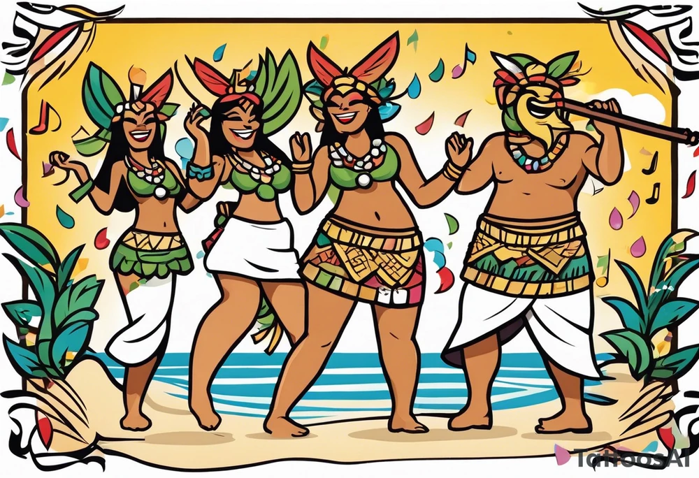 hulu tiki party with dancing tiki guys and sexy tiki girls on a beach with music notes and confetti around a blank space in the middle tattoo idea