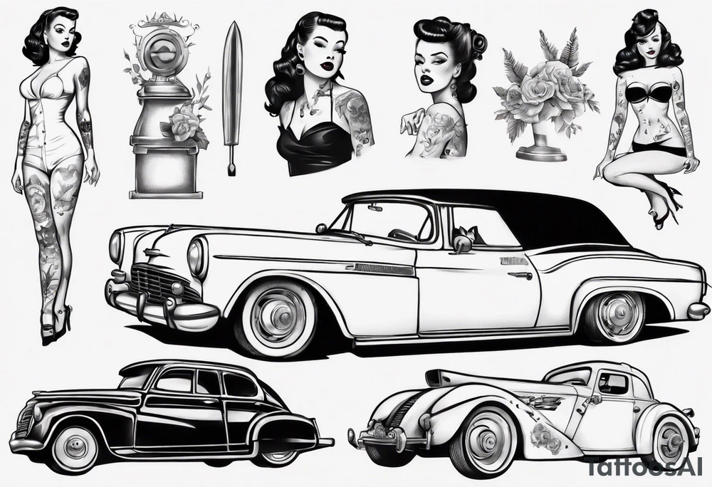 Pinup doll next to old vintage car tattoo idea