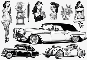 Pinup doll next to old vintage car tattoo idea