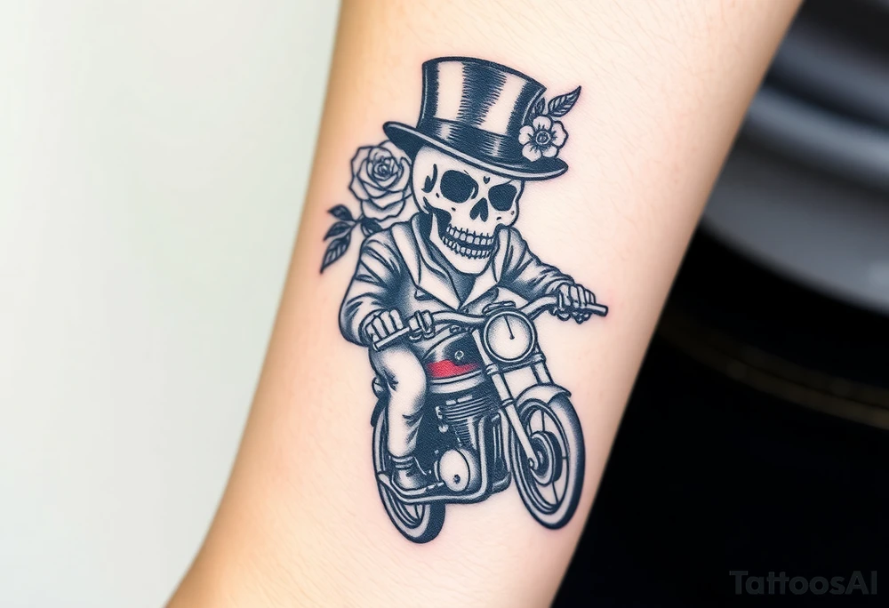 create an decorated "day of the dead skull" wearing a top hat with roses who is riding a Triumph motorcycle tattoo idea