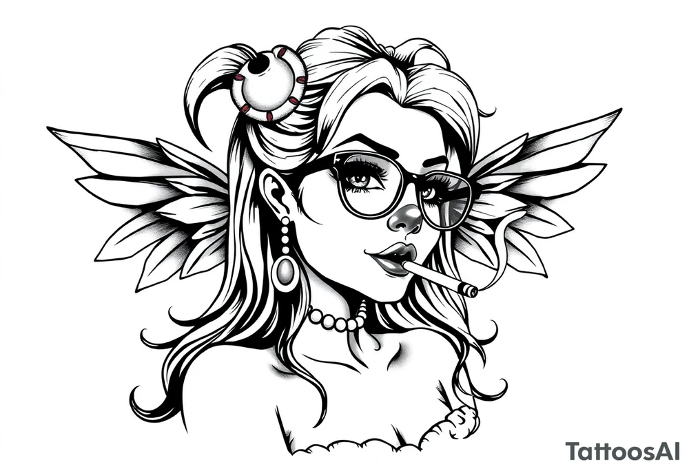 beautiful long hair pin up Clown Girl thug eyeglasses  fairy wings smoking a cigarette tattoo idea