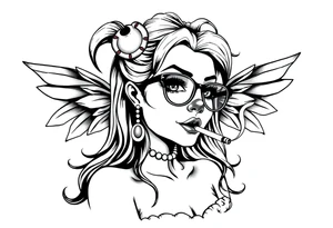 beautiful long hair pin up Clown Girl thug eyeglasses  fairy wings smoking a cigarette tattoo idea