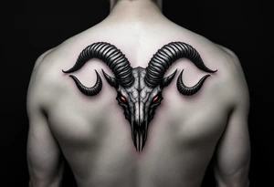 Demonic goat head – A heavily detailed goat skull with twisted horns, glowing red eyes, and blackened bone texture, in dark gray and deep crimson. tattoo idea