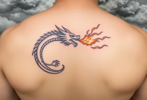 fierce dragon breathing iridescent fire against stormy skies tattoo idea