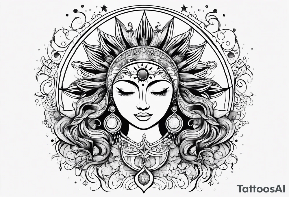 Feminine Sun and moon. long rectangular sternum swirls with dots and stars tattoo idea
