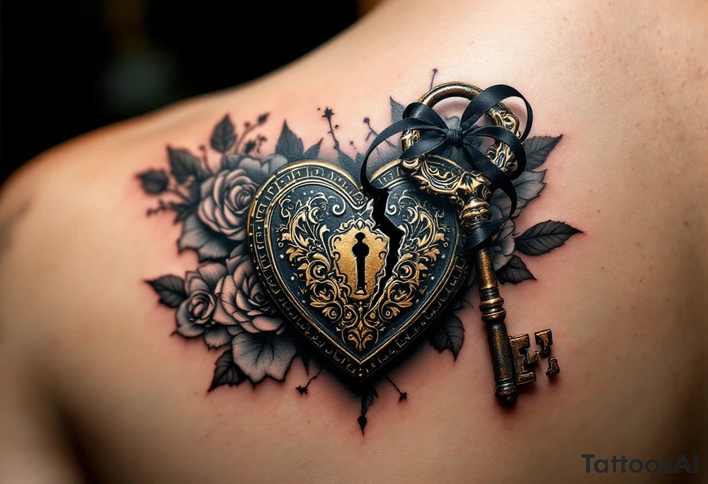 A vintage heart-shaped lock with intricate baroque detailing, cracked slightly at the center, paired with a rusted skeleton key wrapped in a thin black ribbon. The lock is shaded in antique gold and deep bronze, while the key has accents of dark silver and aged steel. Set against a soft shadow background with subtle roses or filigree placed on a calf. tattoo idea