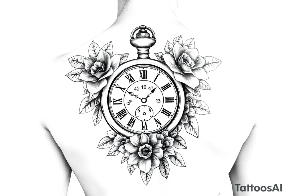 Female full sleeve black and white Mandela floral pocket watch tattoo idea