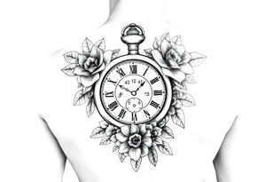 Female full sleeve black and white Mandela floral pocket watch tattoo idea