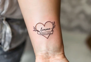 A delicate, outline heart with a flowing ribbon, containing the couple’s names in elegant cursive, with soft pastel pink and gold accents. tattoo idea