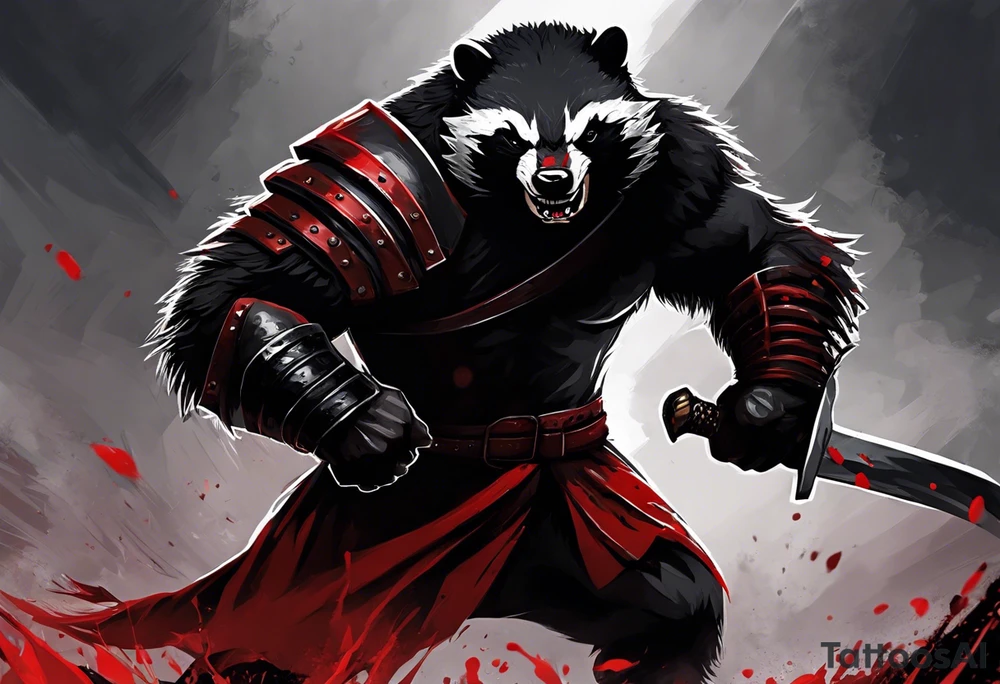 Draw me psychopath Fearless Honey Badger/Berserker with aggressive full body, killer face with a scary smile, very long nails and he attacks like a Bloody Assassin/Warrior/Gladiator to us and also, he has very deadly looking. He fights with his nails only. Everybody scares after their first sight. Give me horror type Badger Tattoo. I want to see his Realistic full body with no weapons. You can show destruction at the back. tattoo idea