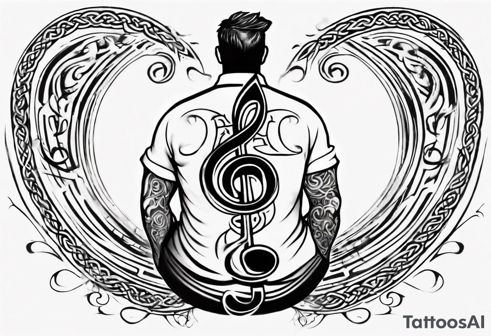 father sitting on father's shoulders. Walking into the sun. Treble clef on son's back. Celtic design on father's back. tattoo idea