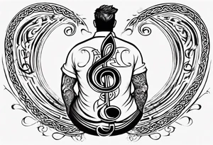 father sitting on father's shoulders. Walking into the sun. Treble clef on son's back. Celtic design on father's back. tattoo idea