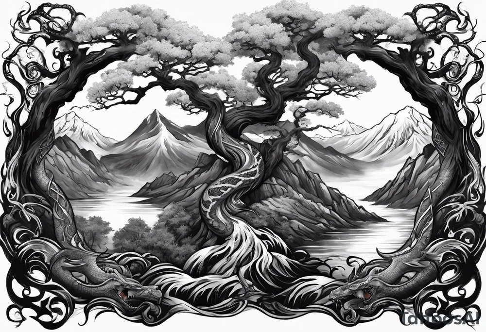 Full arm sleeve, tree going up to shoulder dead tree going down to wrist, wrapped in a serpent moving down with mountain, water, and demonic elements tattoo idea