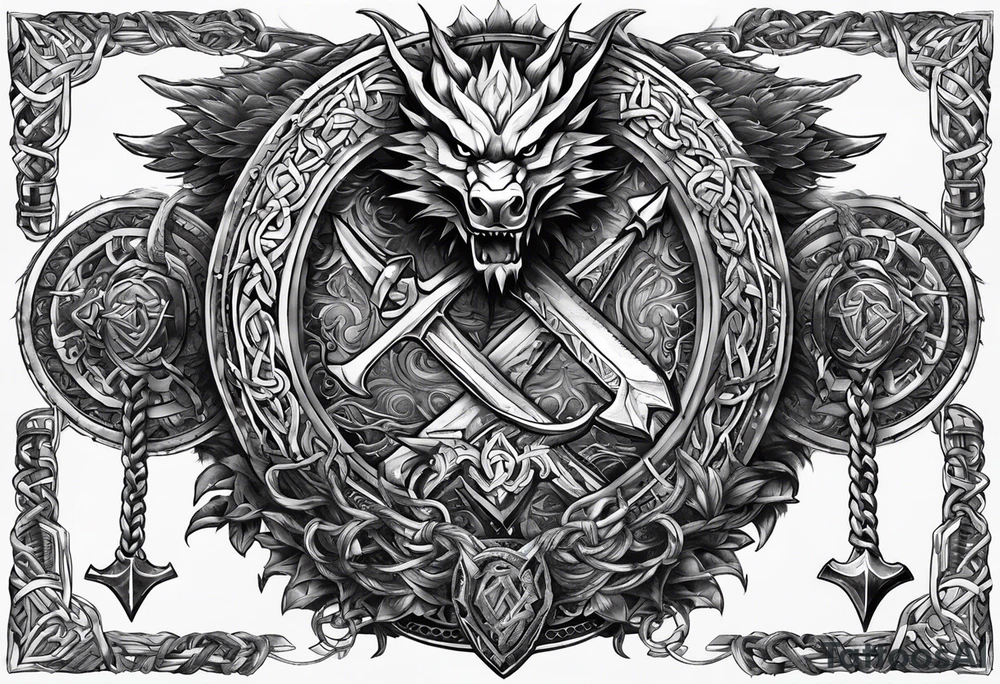 Valhalla sword shield dragon axe Valknut barbed wire chains tattoo idea