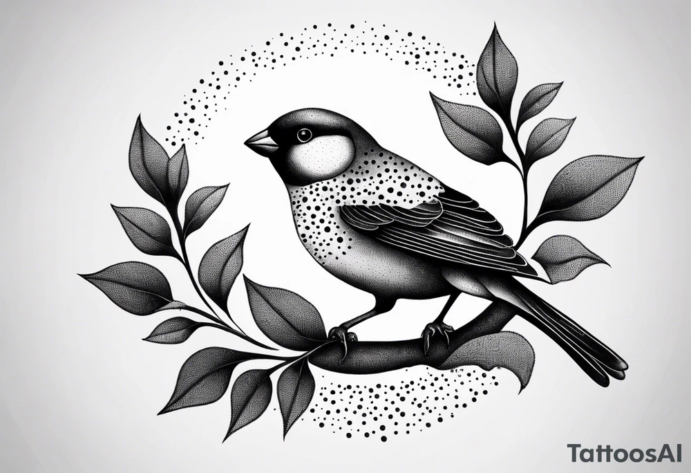 “Generate a simple tattoo design of a finch, showcasing its distinctive shape and a few delicate leaves to enhance the composition.” tattoo idea