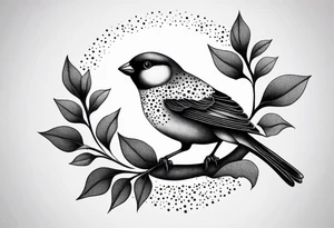 “Generate a simple tattoo design of a finch, showcasing its distinctive shape and a few delicate leaves to enhance the composition.” tattoo idea