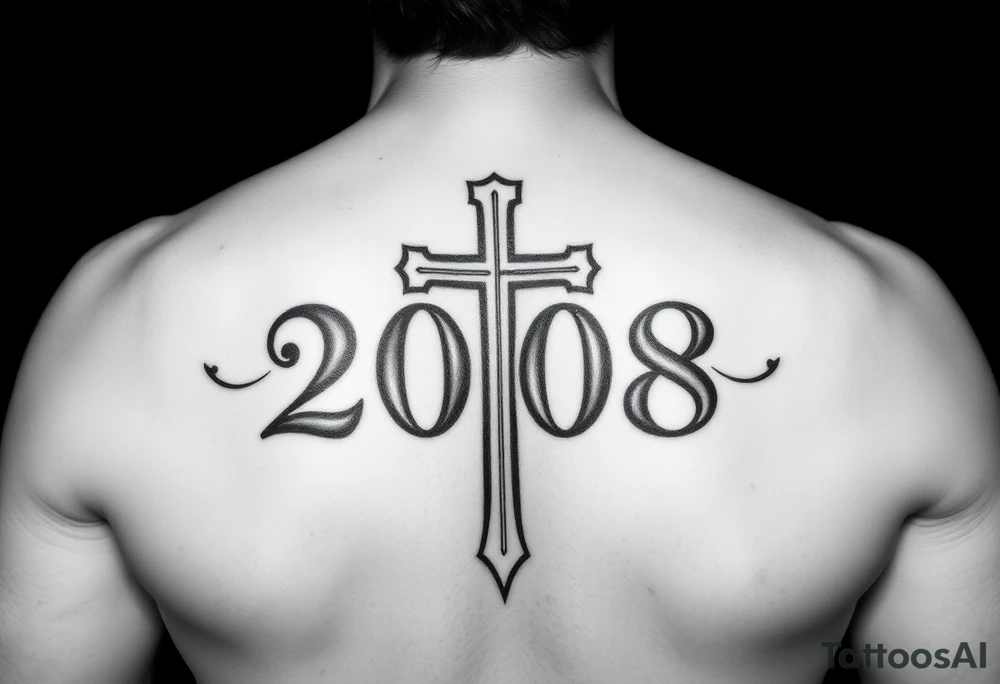 the year 2008 written in font gong down my leg with a cross behind the year tattoo idea