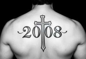 the year 2008 written in font gong down my leg with a cross behind the year tattoo idea