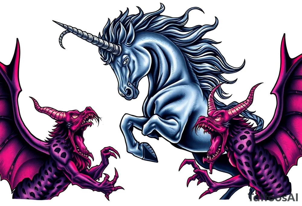 Dark unicorn evil and angry fighting with demons tattoo idea