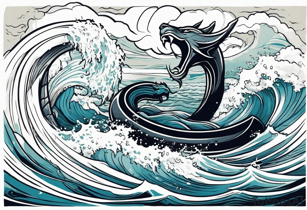 thor fighting sea serpent in the ocean during a hurricane tattoo idea
